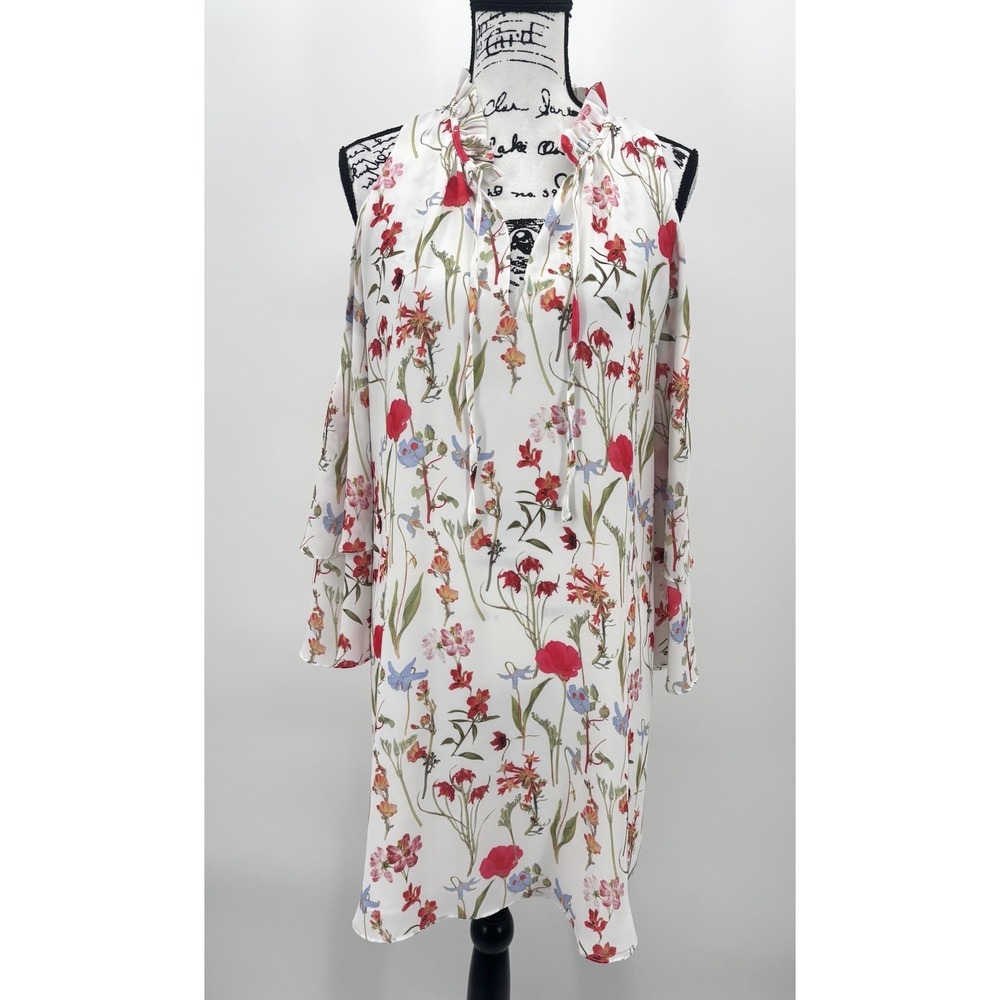 Parker Daphne Cold Shoulder Shift Dress Size Medium Floral Ruffle Tie Neck